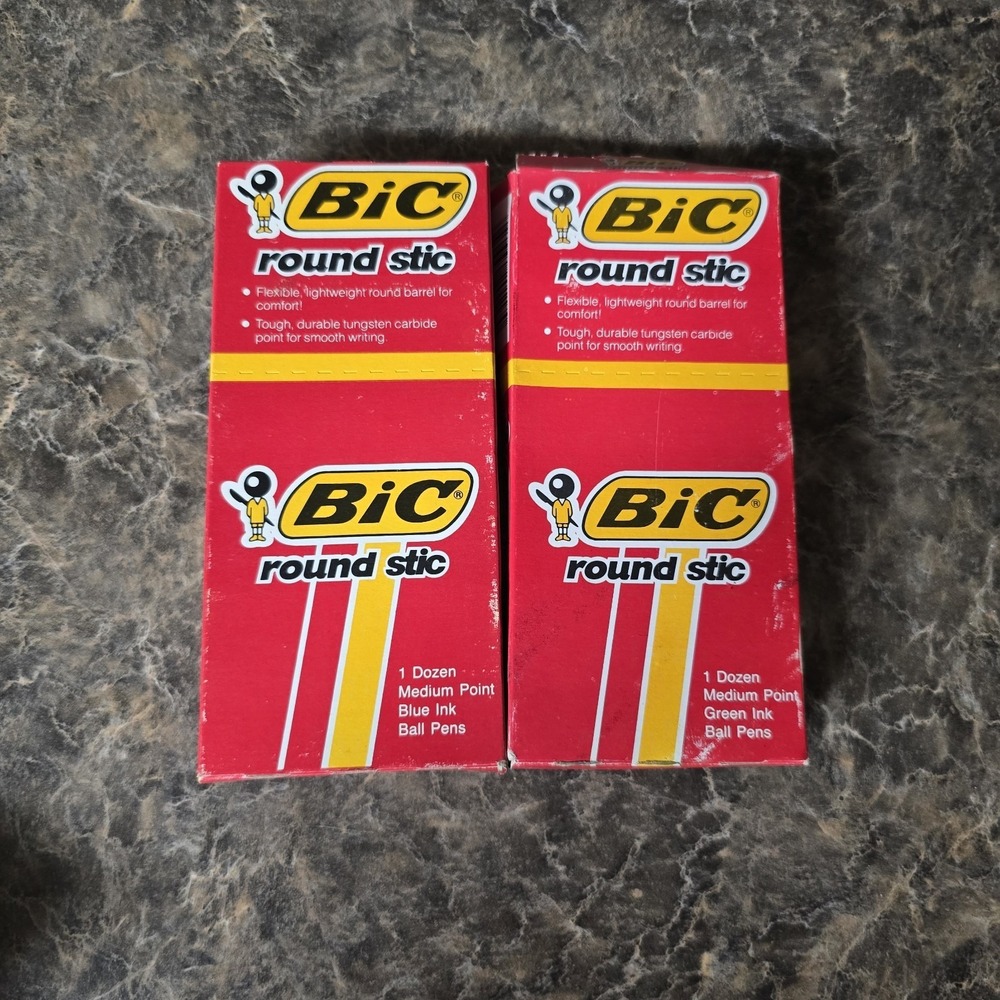 Vtg Bic Pen Round Stic Medium Point (2) Boxes of pens 24 1987 USA Green Blue‎